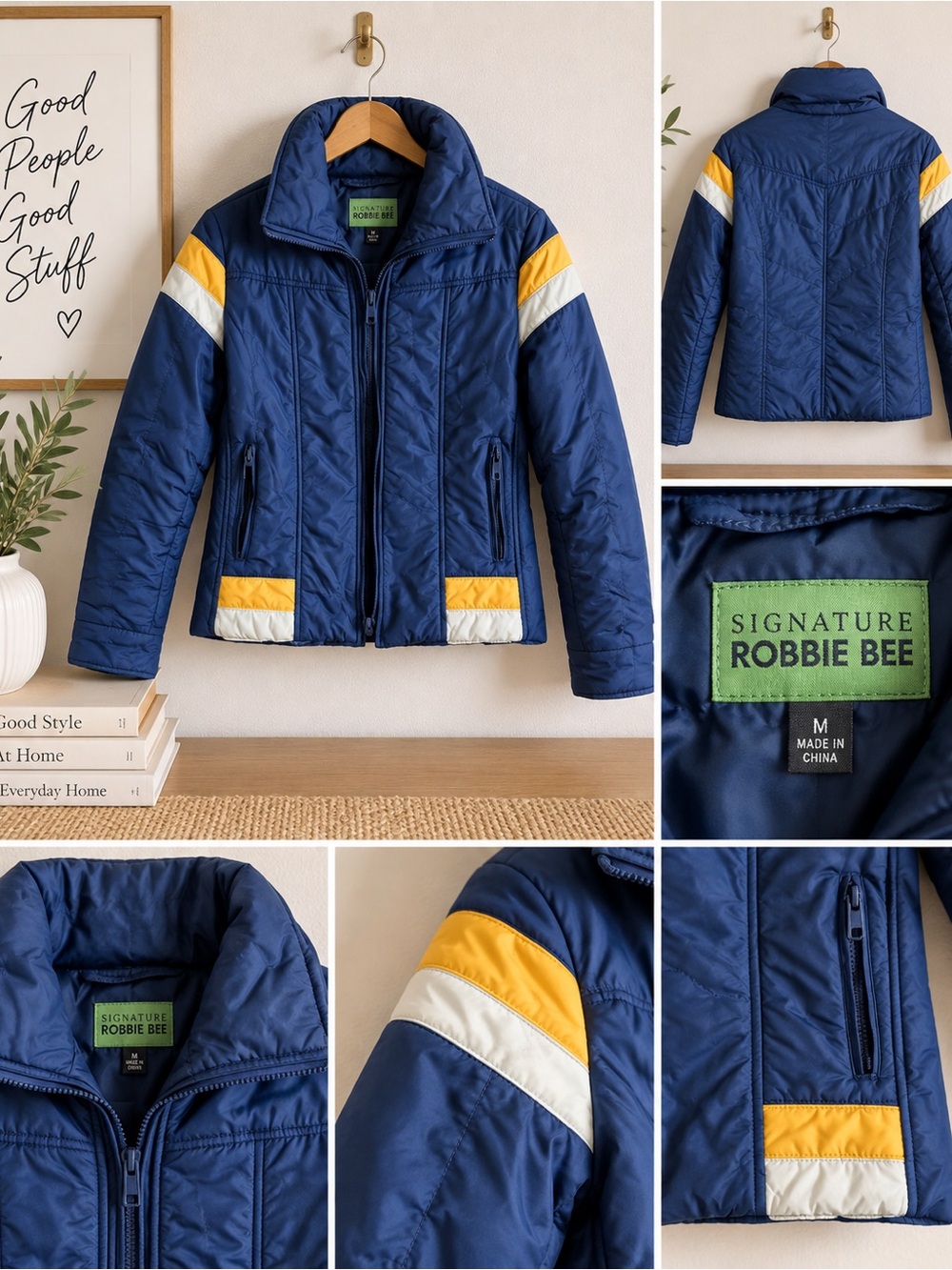 Signature by Robbie Bee Navy Blue Puffer Jacket with Yellow Accents